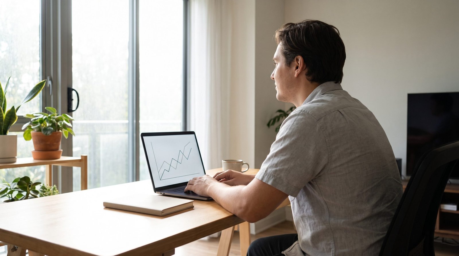 Pessoa analisando um gráfico genérico de linha no laptop