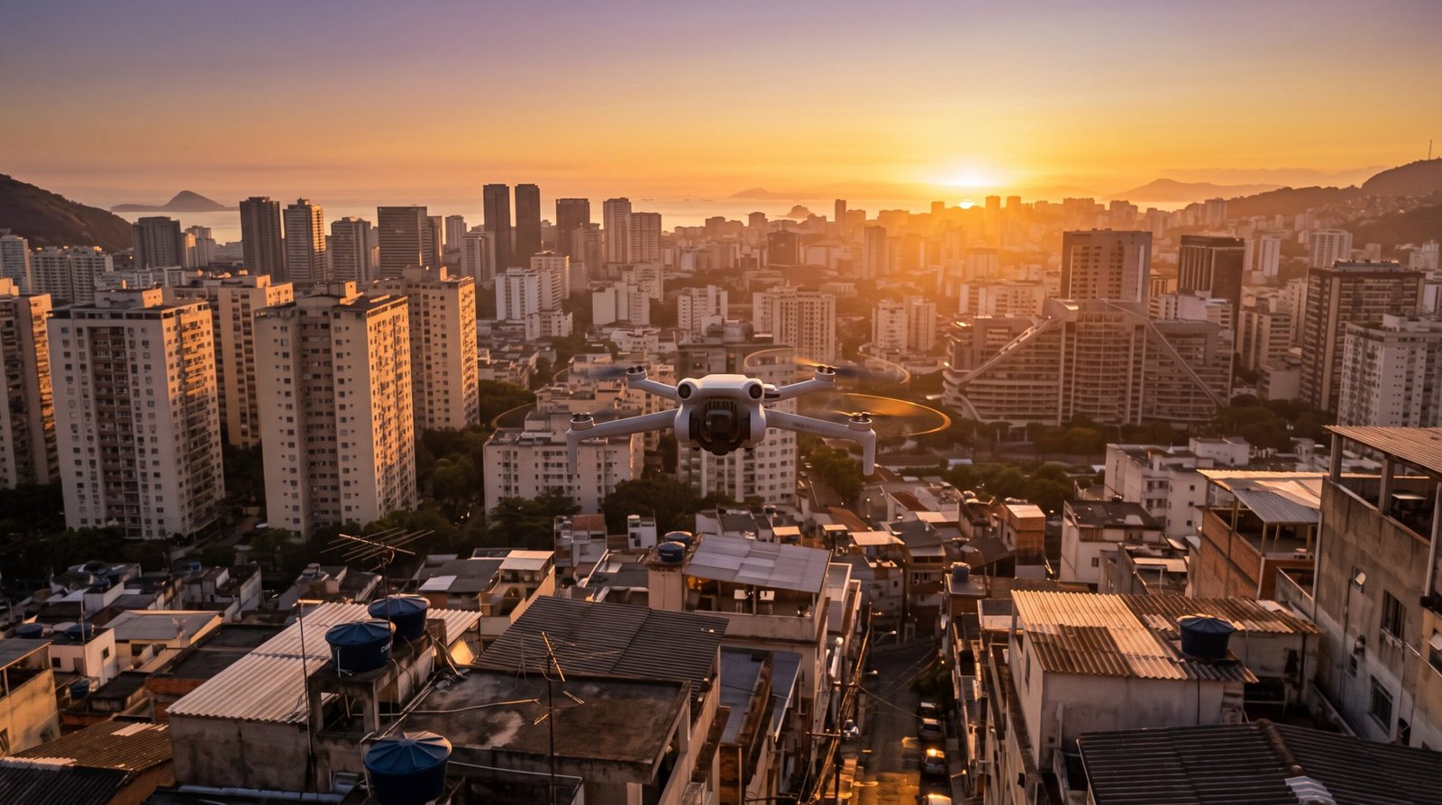 Drone sobrevoando skyline de cidade brasileira ao entardecer
