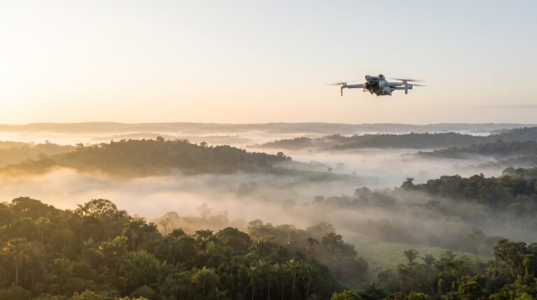 Paisagem ampla ao amanhecer com um drone ao longe