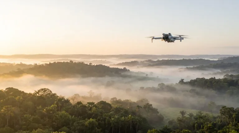 Paisagem ampla ao amanhecer com um drone ao longe