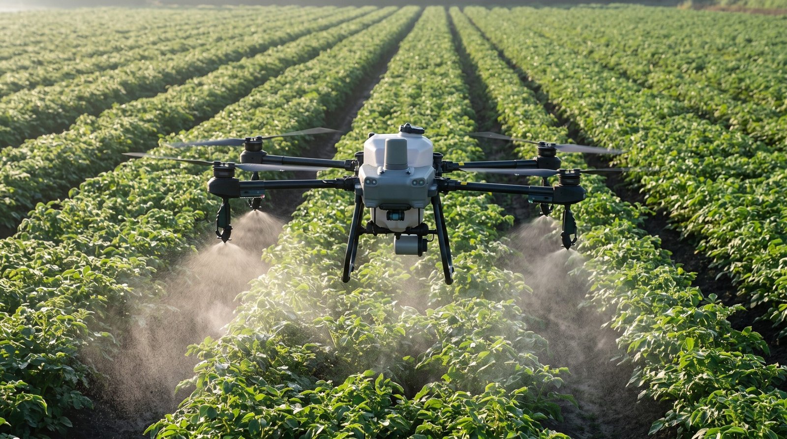 Drone agrícola aplicando calda em voo baixo sobre as fileiras da lavoura