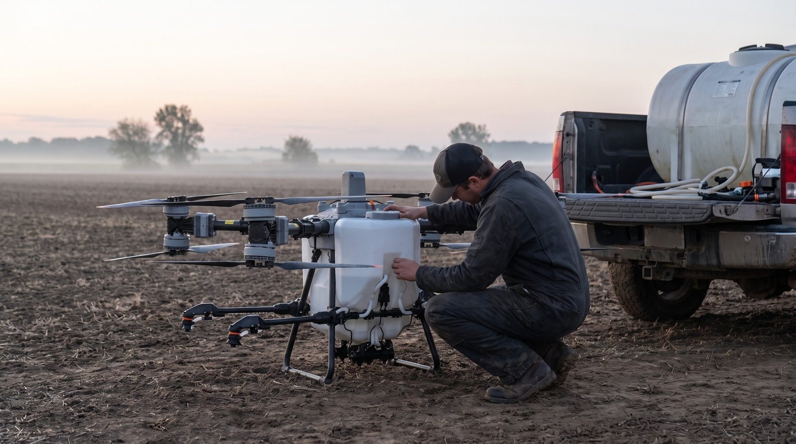 Operador confere o tanque do drone agrícola ao lado da caminhonete no campo