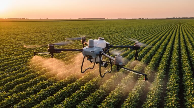 Drone agrícola pulverizando lavoura de soja ao entardecer
