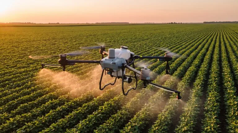 Drone agrícola pulverizando lavoura de soja ao entardecer