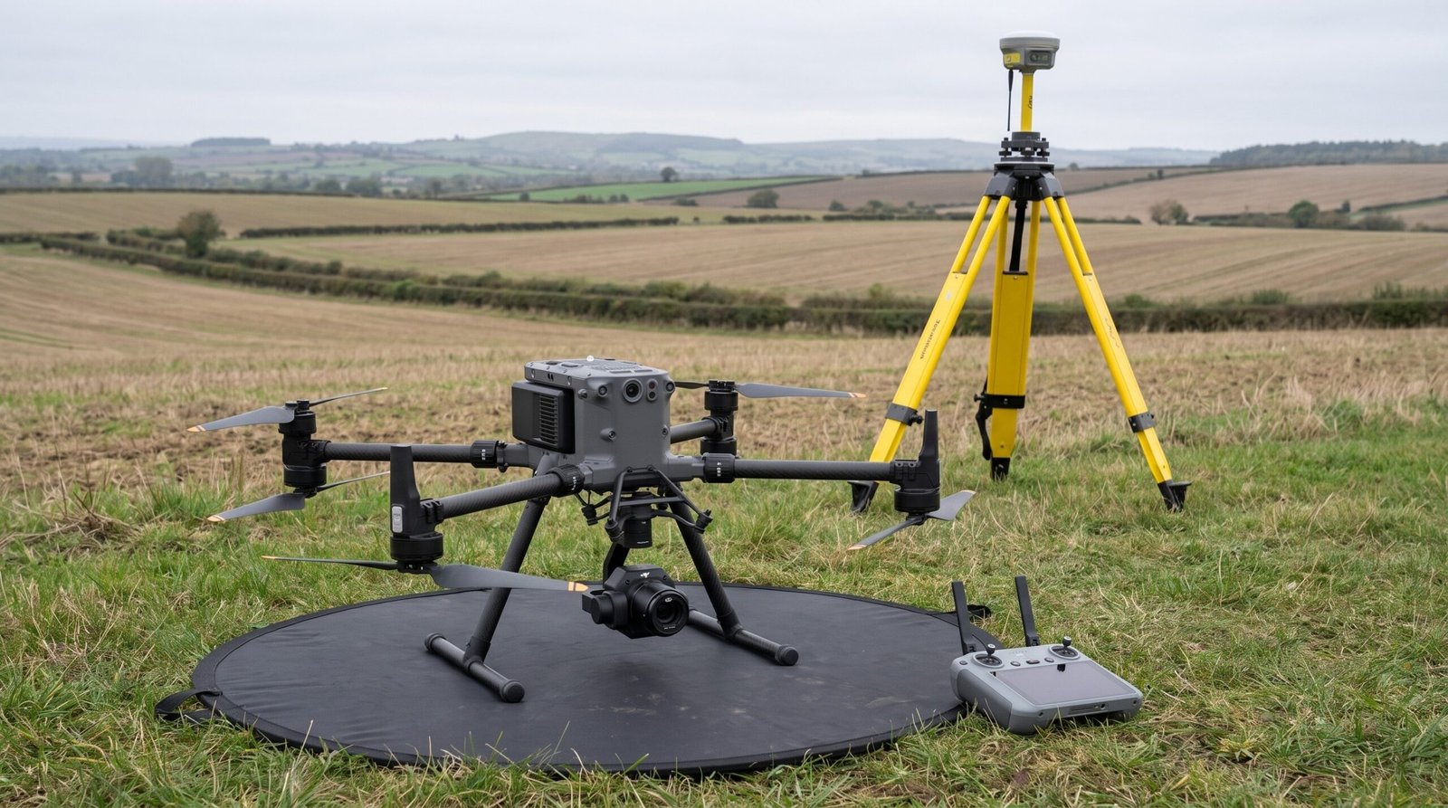 Drone industrial ao lado de tripé de topografia em levantamento de campo