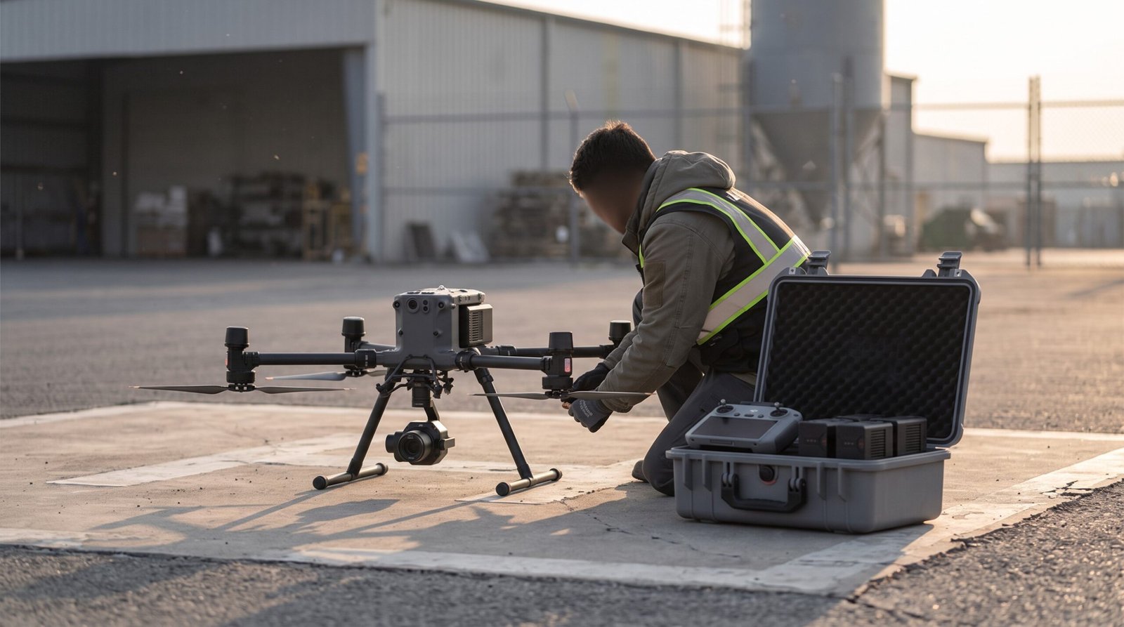Técnico com colete de segurança fazendo a checagem do drone industrial antes do voo