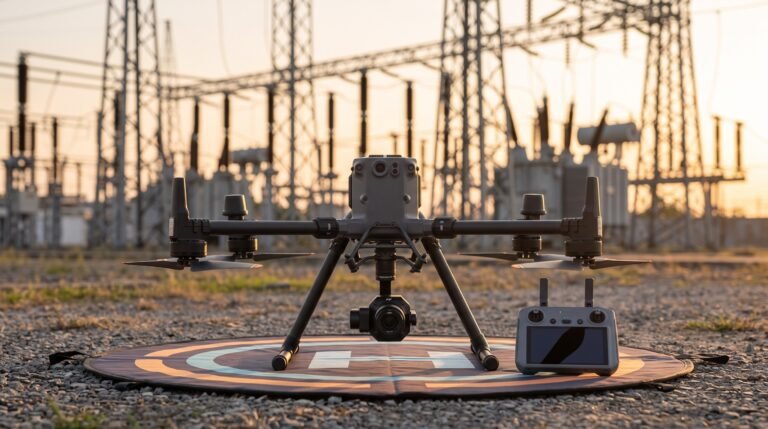 Drone industrial de grande porte pousado em plataforma diante de uma subestação