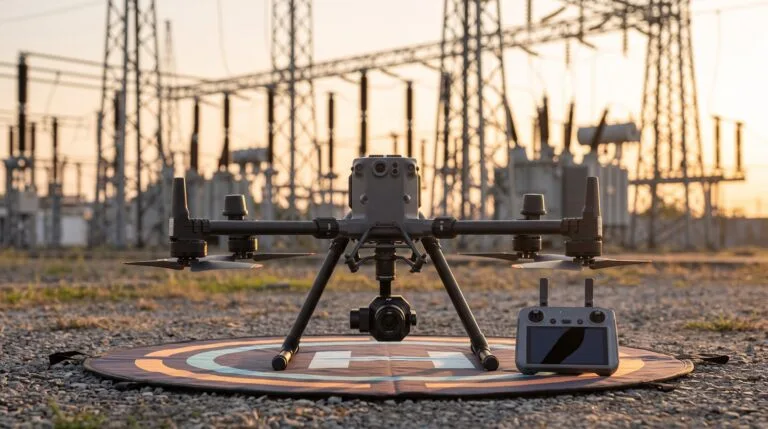 Drone industrial de grande porte pousado em plataforma diante de uma subestação