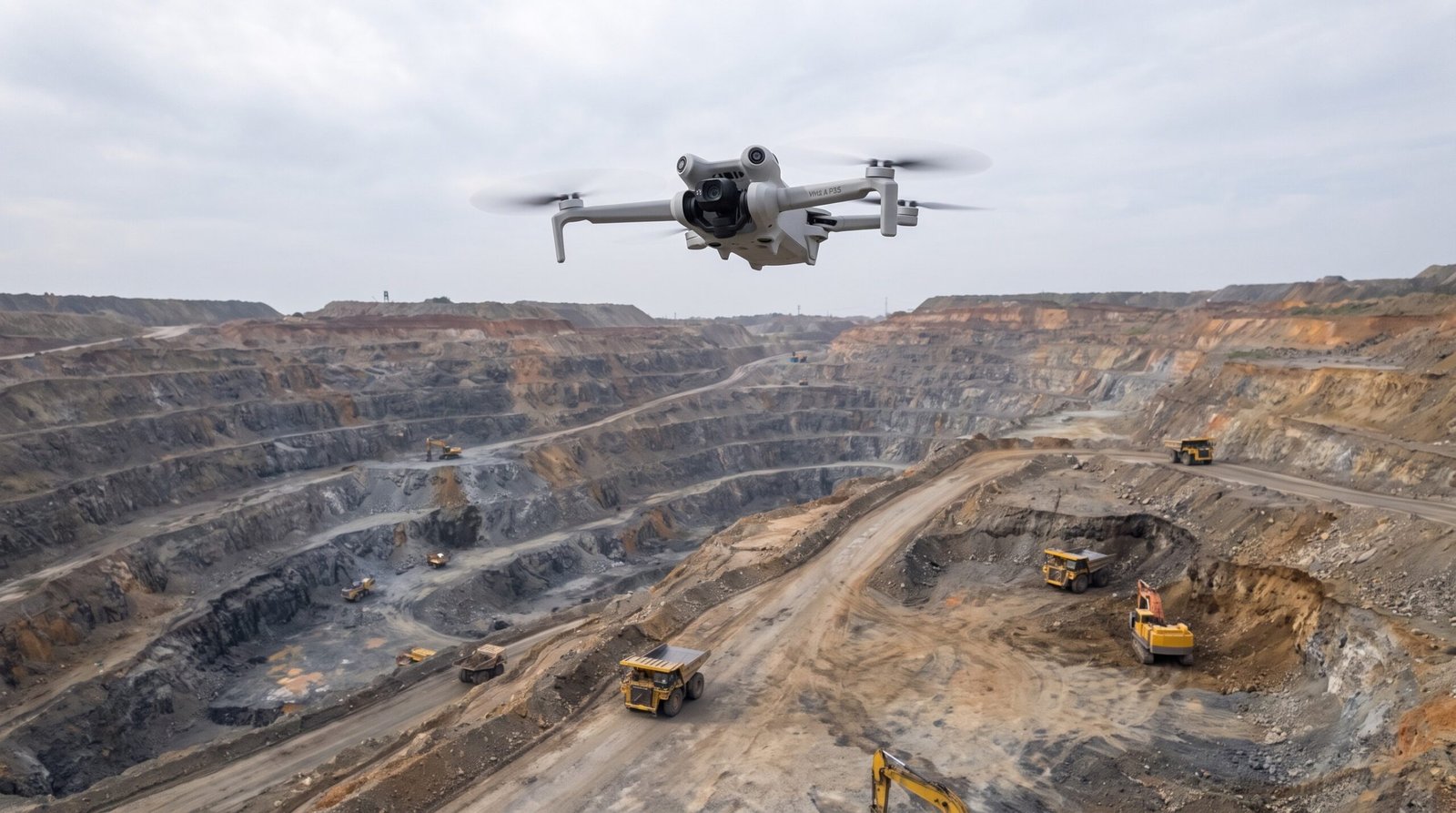 Drone sobrevoando area de mineracao a ceu aberto com bancadas
