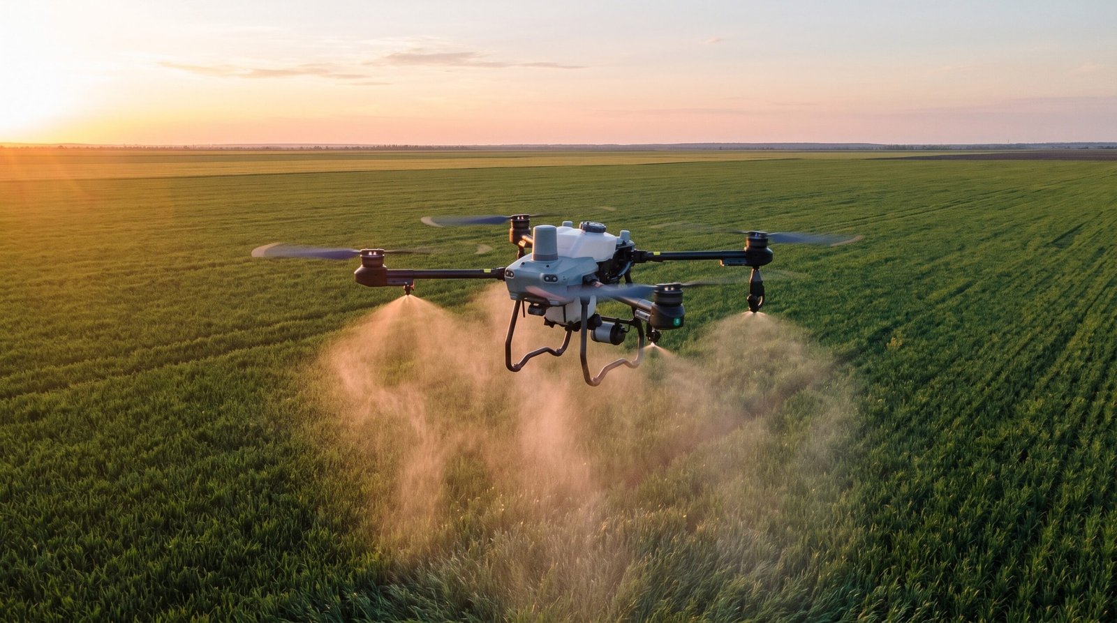 Drone agricola pulverizando lavoura ao amanhecer