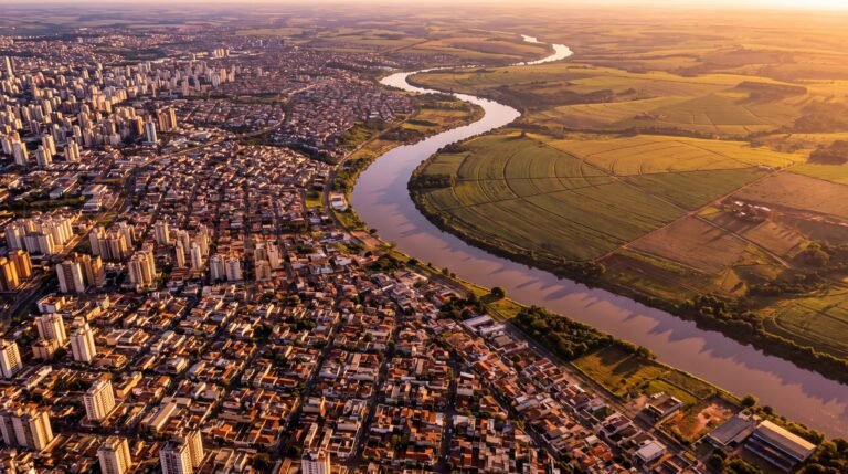 Vista aerea mostrando cidade densa de um lado e area agricola de outro