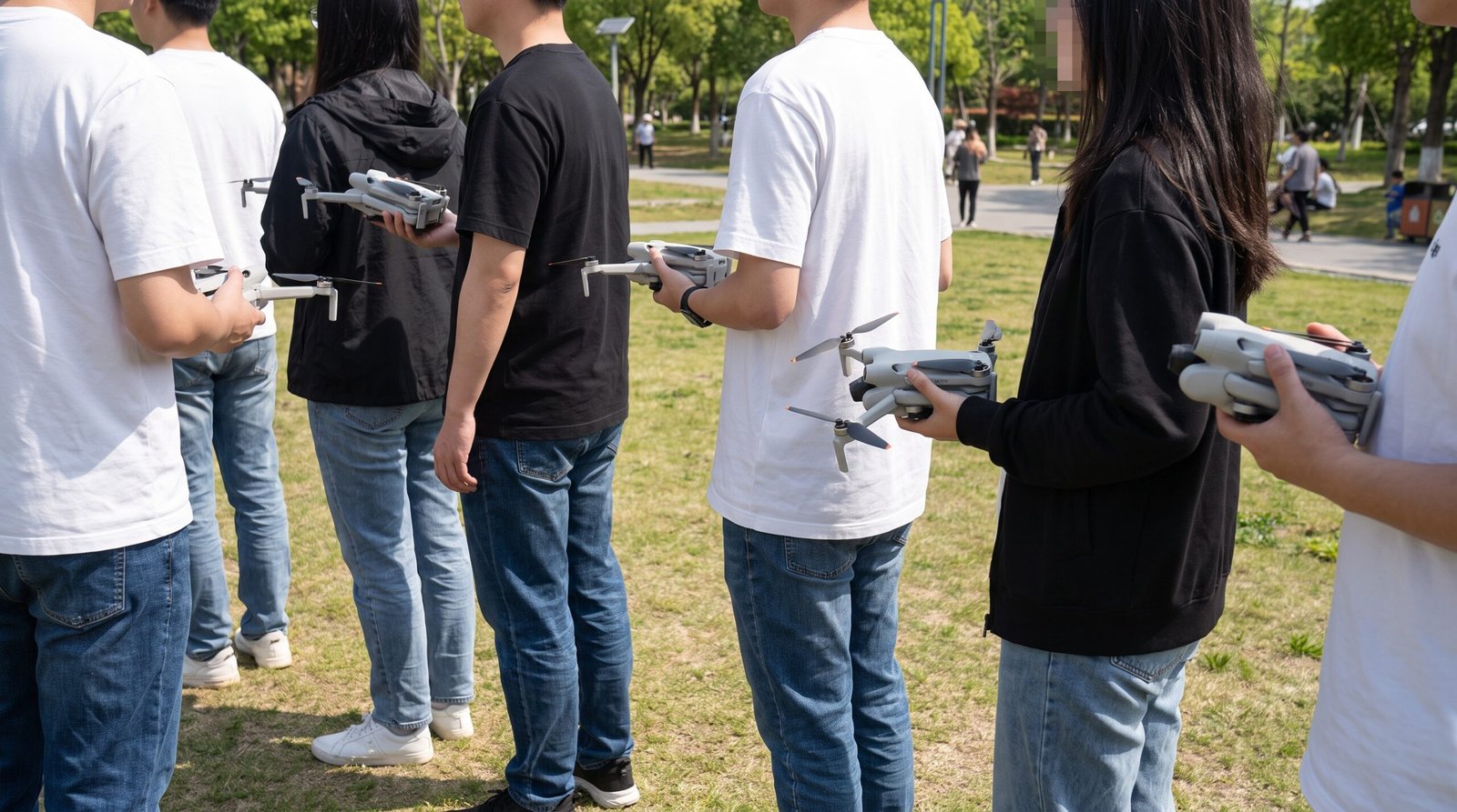 Varias pessoas em um parque segurando drones pequenos semelhantes