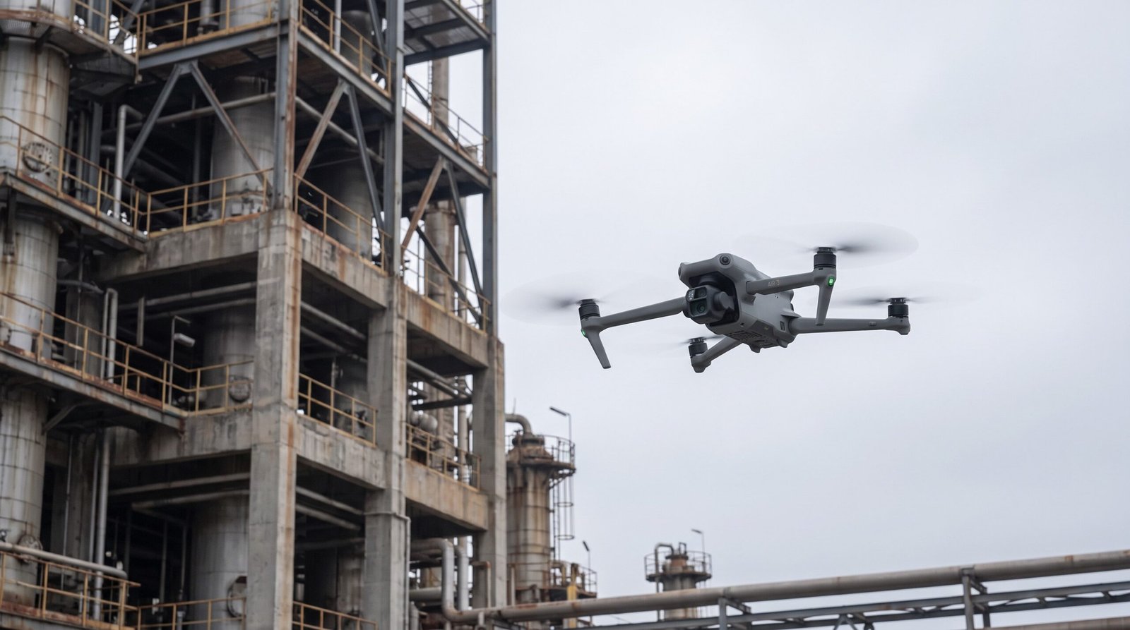 Drone inspecionando estrutura industrial em linha reta