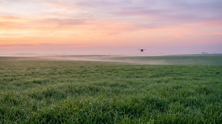 Campo aberto amplo com um unico drone pequeno voando ao longe