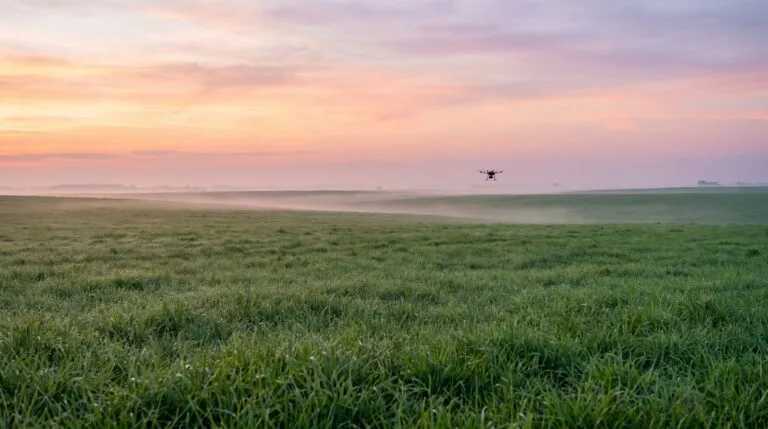 Campo aberto amplo com um unico drone pequeno voando ao longe