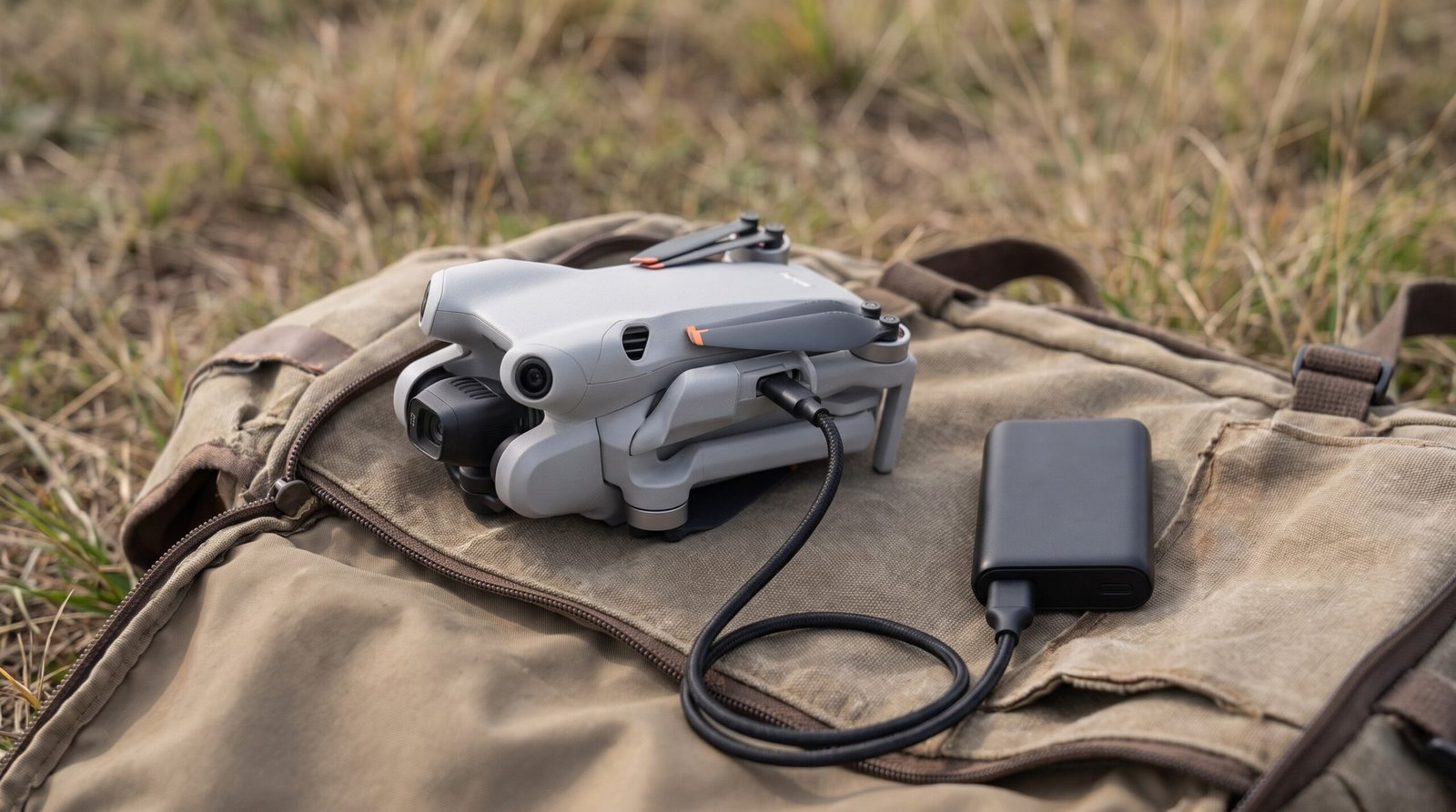Drone dobrado carregando pela porta USB-C ligado a um power bank em campo