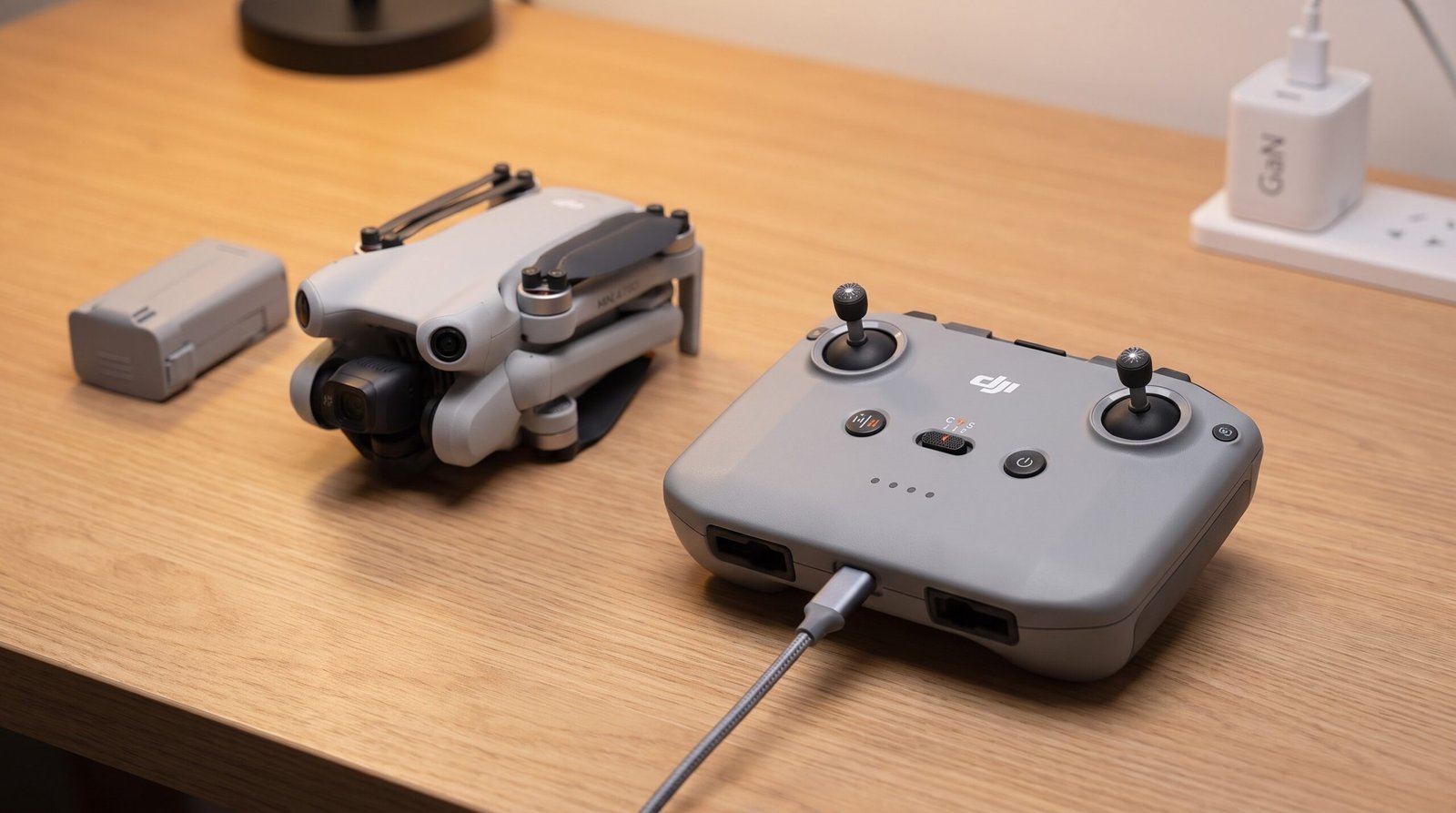 Controle de drone carregando com fonte USB-C compacta, drone e bateria ao lado