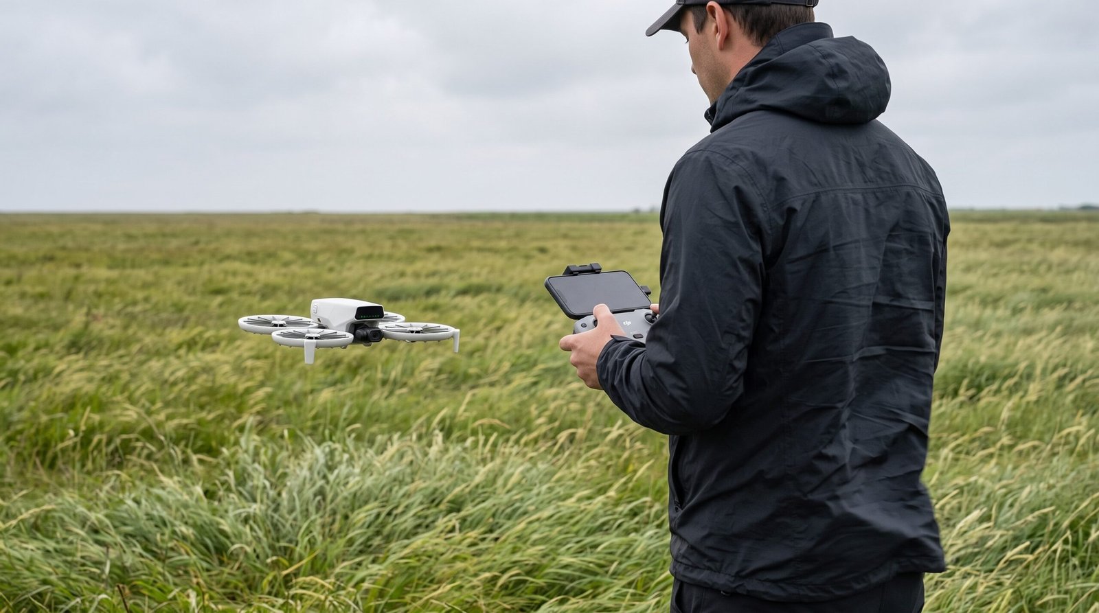 Piloto de costas segurando o controle enquanto o drone paira baixo em campo com vento