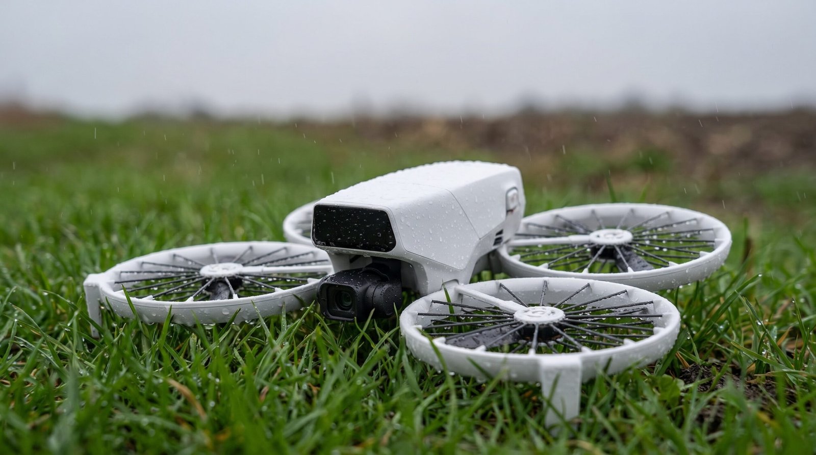 Drone pousado sobre grama molhada com gotas de água durante garoa