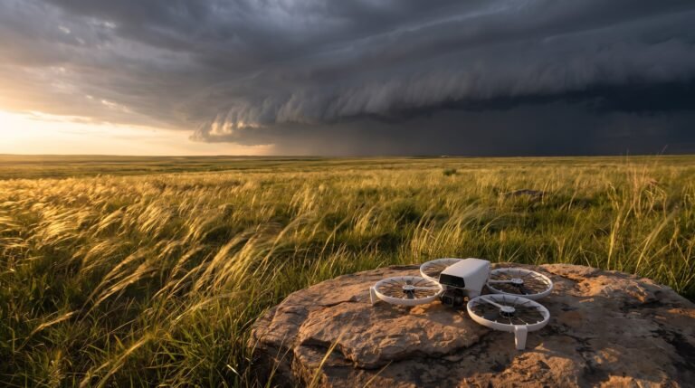 Drone pousado em campo aberto com nuvens escuras de tempestade se aproximando