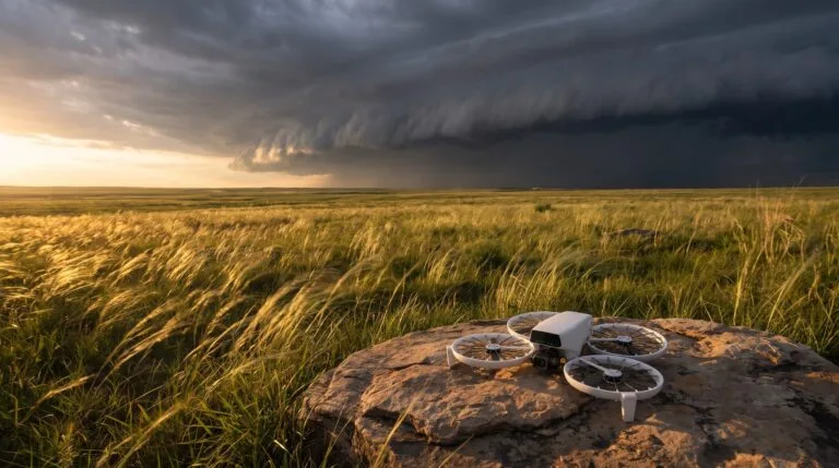 Drone pousado em campo aberto com nuvens escuras de tempestade se aproximando