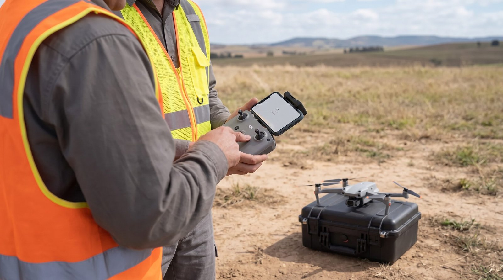 Dois profissionais conferindo o controle do drone durante trabalho em campo