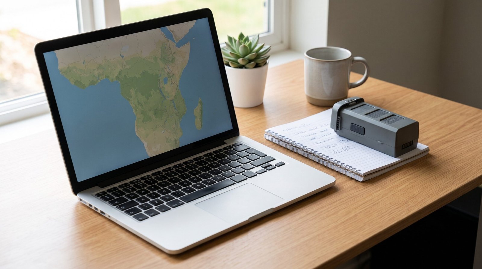 Mesa de trabalho com laptop, caderno de anotacoes e bateria de drone