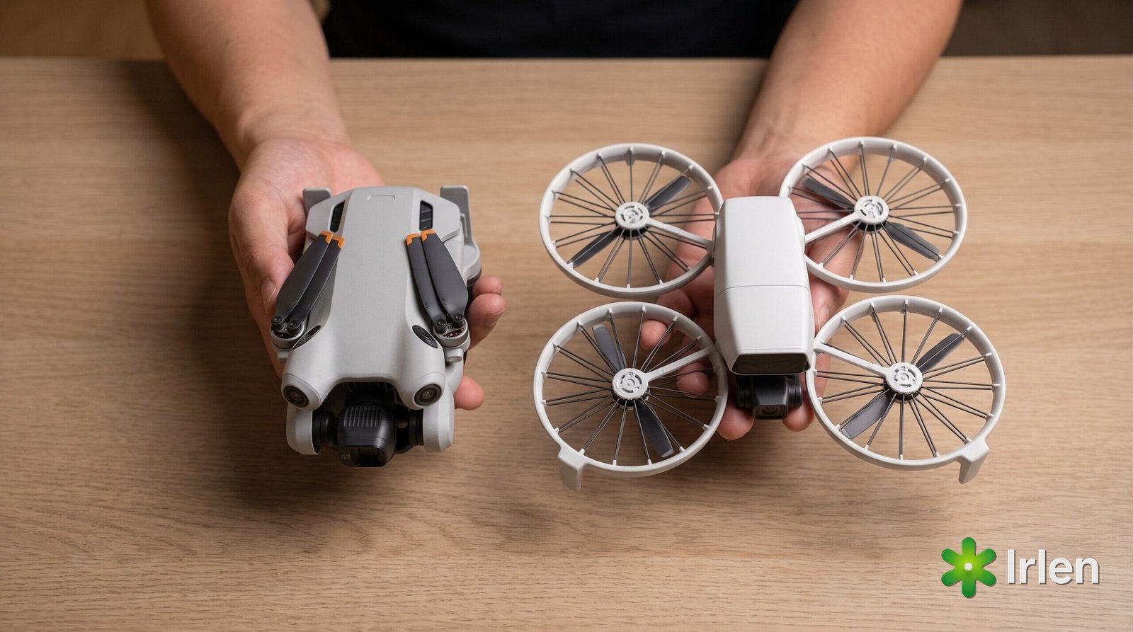 Mãos comparam dois drones dobrados, um em cada mão, sobre a mesa