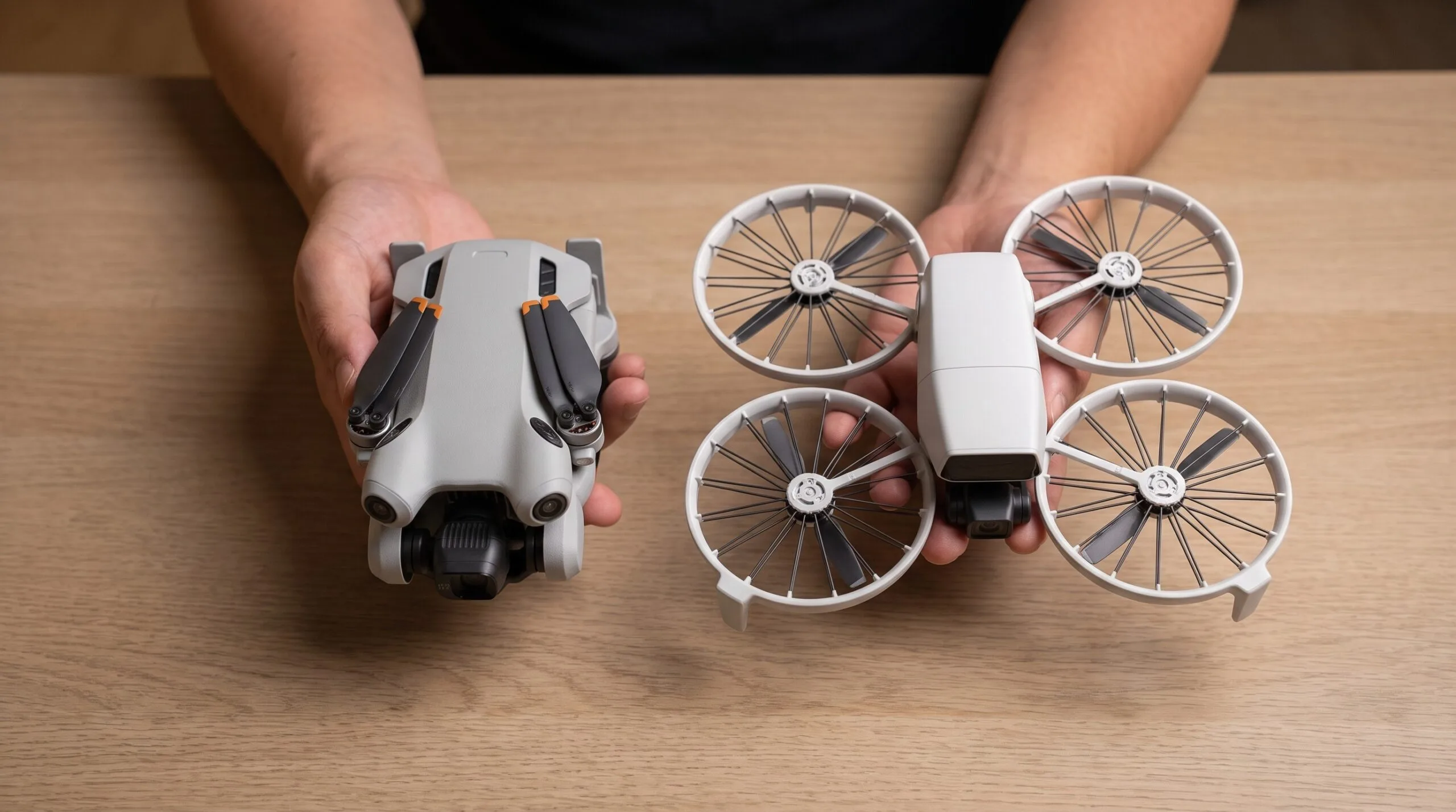 Mãos comparam dois drones dobrados, um em cada mão, sobre a mesa