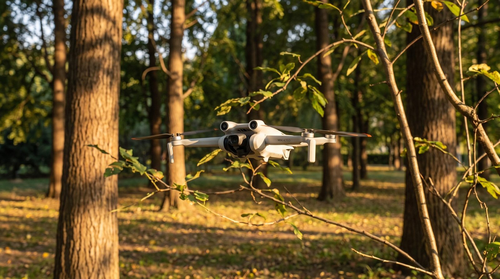 Drone voando baixo proximo a arvores altas