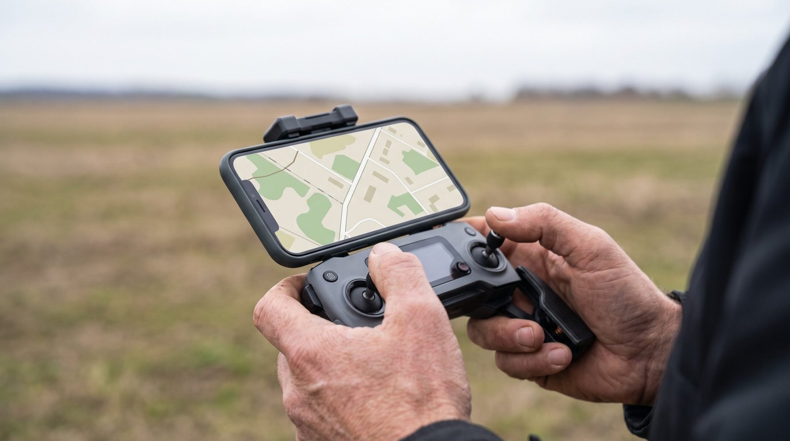 Maos segurando o controle do drone com mapa generico na tela