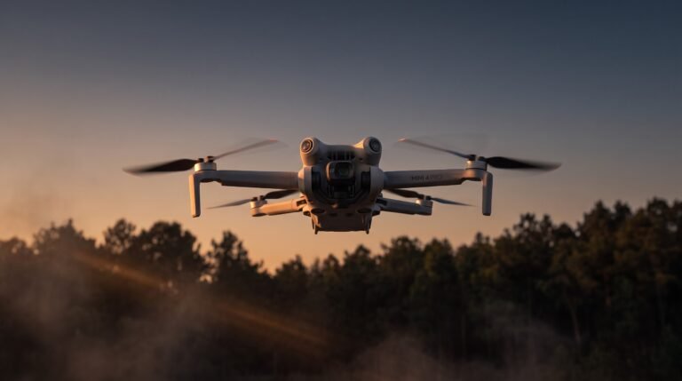 Drone voltando ao entardecer sobre uma linha de arvores