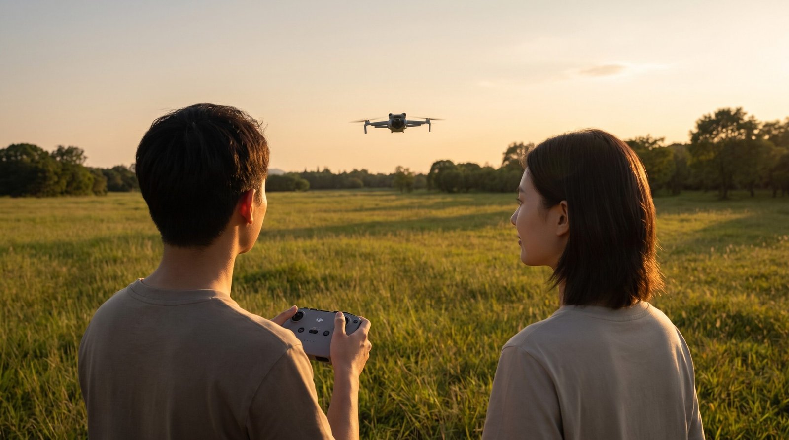 Piloto voando drone com um acompanhante observando o entorno no campo aberto
