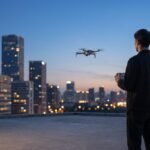 Piloto de drone ao entardecer com a cidade ao fundo e o drone em voo