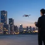 Piloto de drone ao entardecer com a cidade ao fundo e o drone em voo