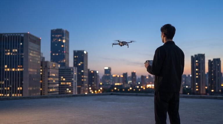 Piloto de drone ao entardecer com a cidade ao fundo e o drone em voo