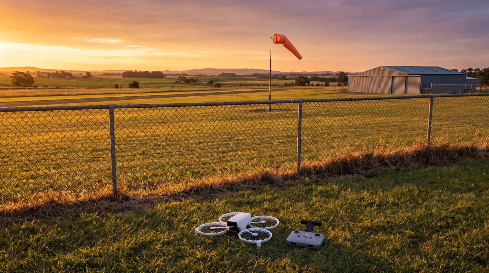 Aeródromo pequeno com biruta ao fundo e drone pousado na grama em primeiro plano