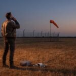 Piloto ao telefone olhando para o céu perto de uma biruta em campo de pouso ao entardecer