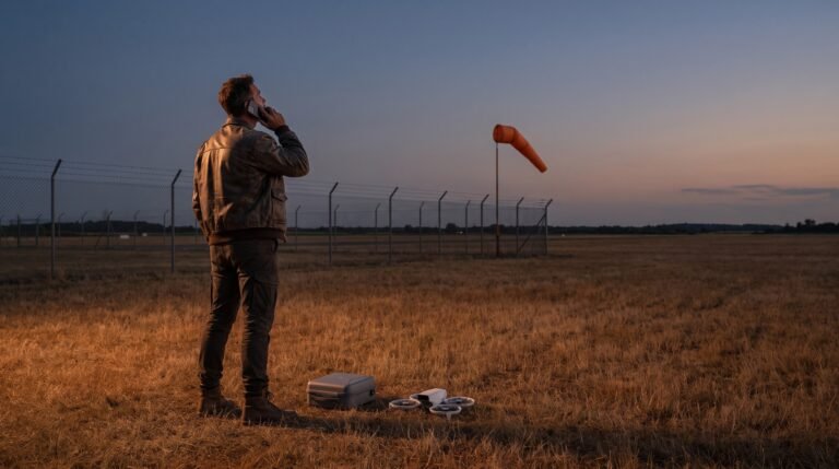 Piloto ao telefone olhando para o céu perto de uma biruta em campo de pouso ao entardecer