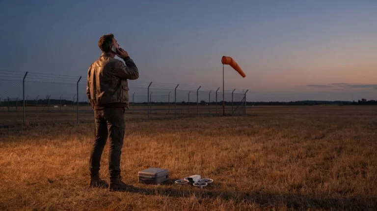 Piloto ao telefone olhando para o céu perto de uma biruta em campo de pouso ao entardecer