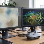 Mesa com monitores mostrando mapas topograficos e nuvem de pontos