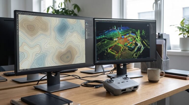 Mesa com monitores mostrando mapas topograficos e nuvem de pontos
