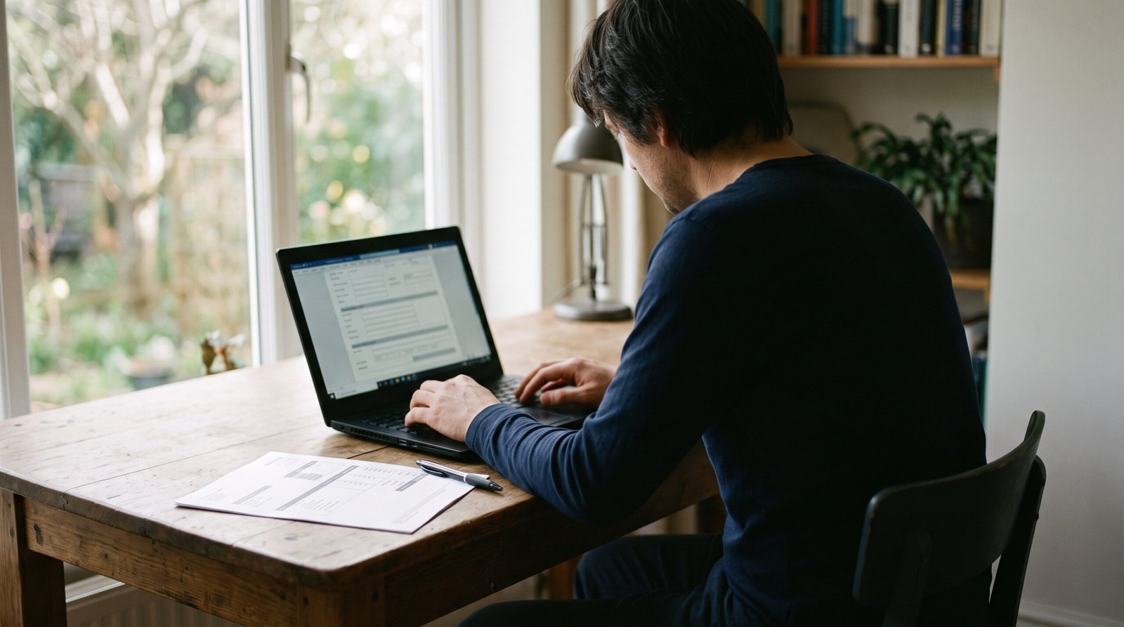 Pessoa preenchendo formulario em laptop com nota fiscal ao lado