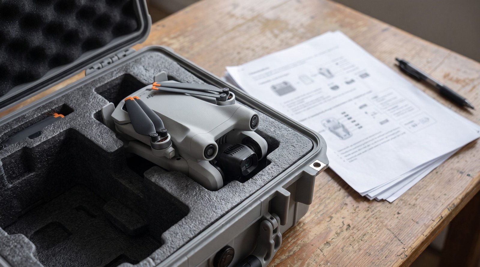 Drone em case de espuma ao lado de documento impresso