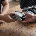 Duas pessoas trocando um drone pequeno sobre uma mesa