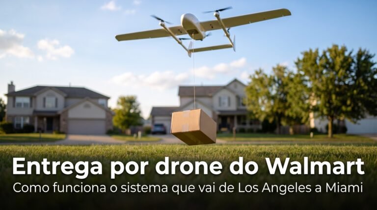 Entrega por drone do Walmart: pacote descendo por cabo em um quintal residencial