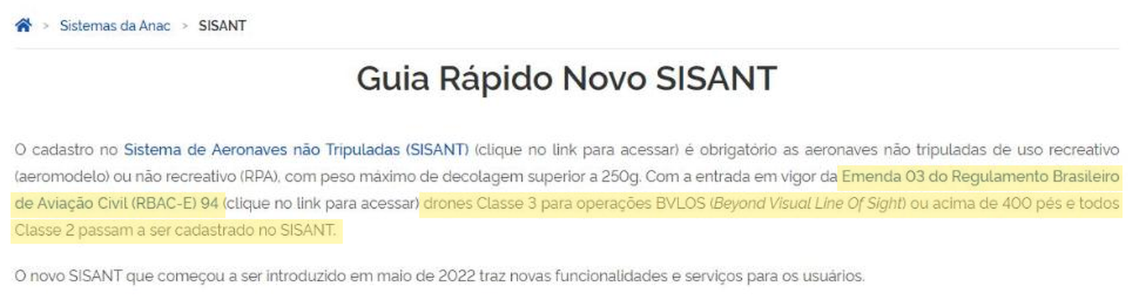 Página Guia Rápido Novo SISANT da ANAC com os trechos que citam o RBAC-E 94 e as classes destacados
