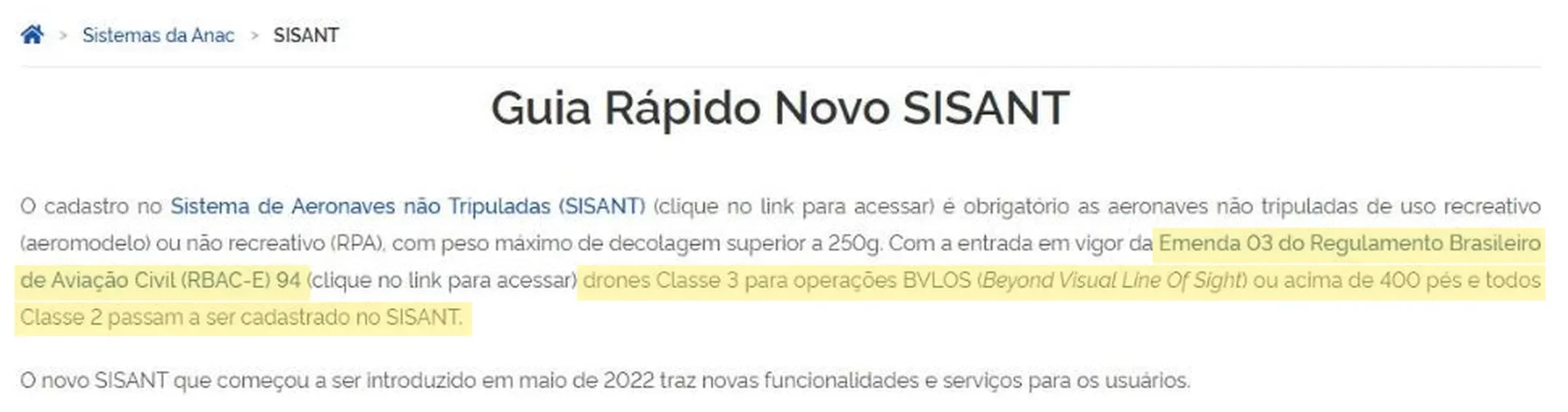 Página Guia Rápido Novo SISANT da ANAC com os trechos que citam o RBAC-E 94 e as classes destacados