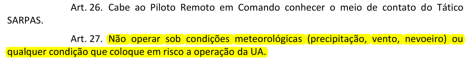 Trecho do Art. 27 da ICA 100-40 destacado, proibindo operar sob precipitação, vento ou nevoeiro