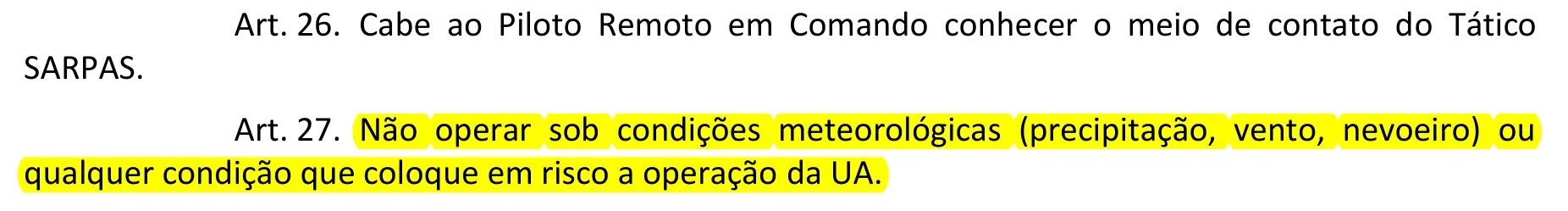 Trecho do Art. 27 da ICA 100-40 destacado, proibindo operar sob precipitação, vento ou nevoeiro
